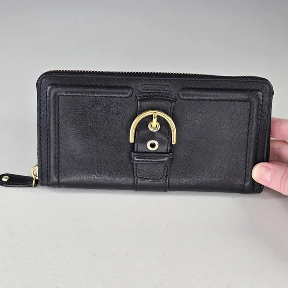 Coach Campbell Black Leather Zip Around Clutch Wallet Gold Hardware - Picture 1 of 8